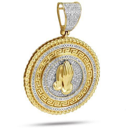 10KY 0.76CTW DIAMOND GREEK KEY PRAYING HANDS MEDAL - Johnny Dang & Co