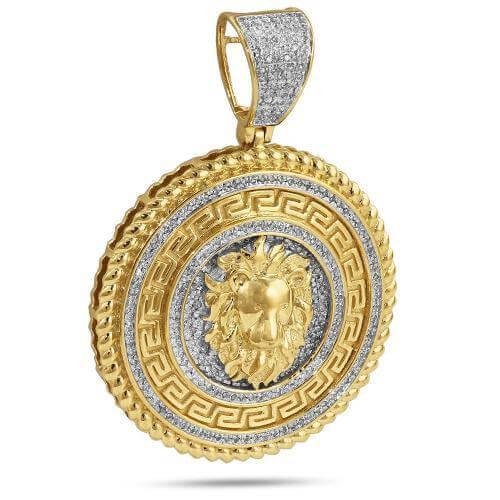 10KY 0.65CTW DIAMOND GREEK KEY LION HEAD MEDALLION - Johnny Dang & Co