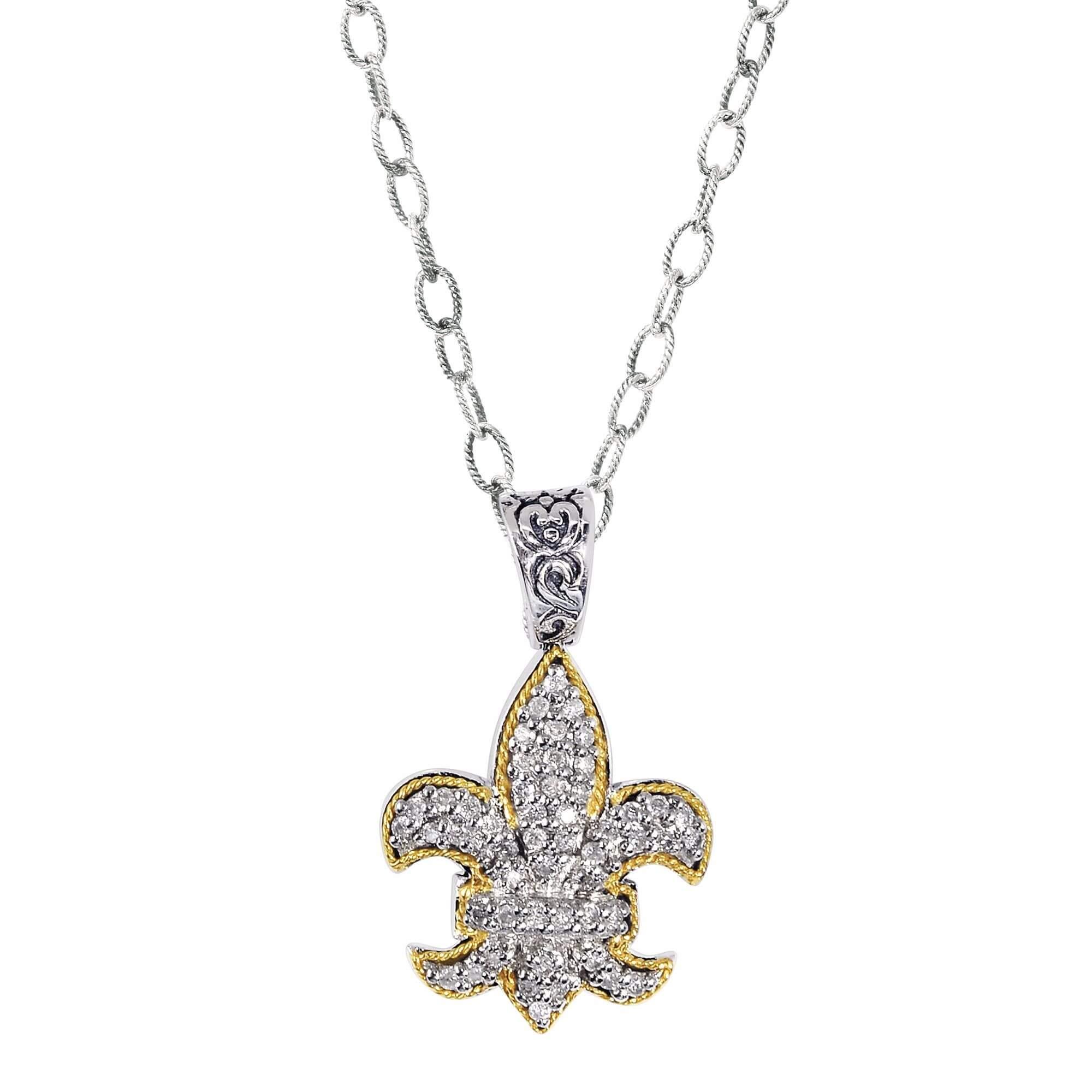 0.45Ct. Diamond18Kt Yellow Gold+Sterling Silver Fleur De Lis P Endant On 18 inches Rhodium Finish Link Chain. inchesFleur-De-Lis inches Collecti On. - Johnny Dang & Co
