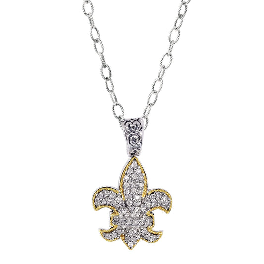 0.45Ct. Diamond18Kt Yellow Gold+Sterling Silver Fleur De Lis P Endant On 18 inches Rhodium Finish Link Chain. inchesFleur-De-Lis inches Collecti On. - Johnny Dang & Co