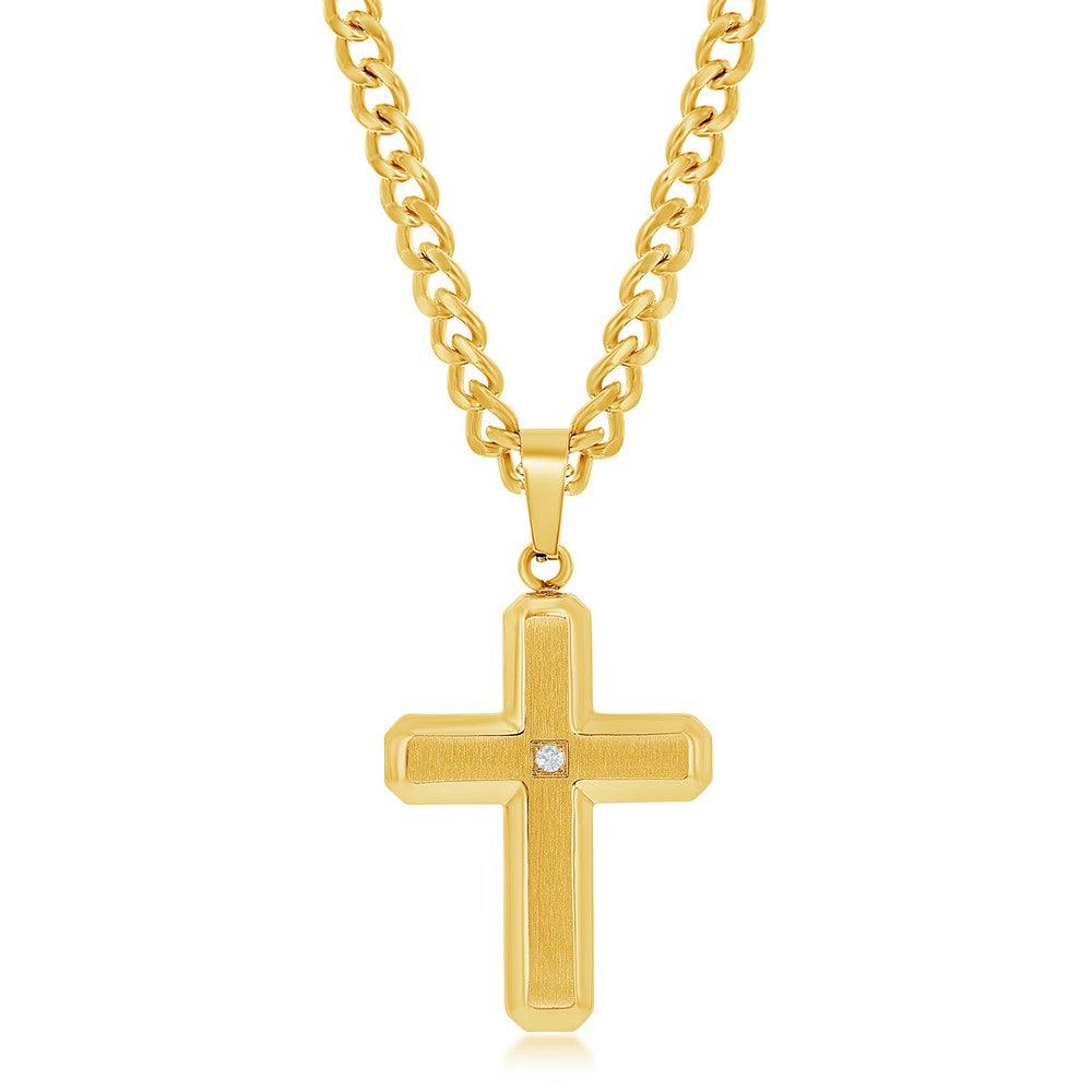 Stainless Steel Brushed & Polished w/ Single CZ Cross Necklace - Gold Plated - Johnny Dang & Co