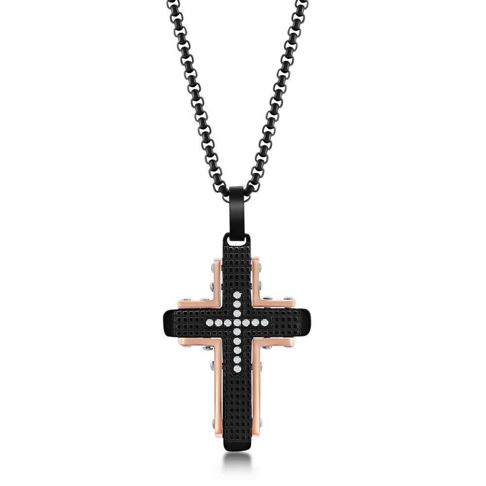 Stainless Steel Black & Rose Gold CZ Cross Necklace - Johnny Dang & Co