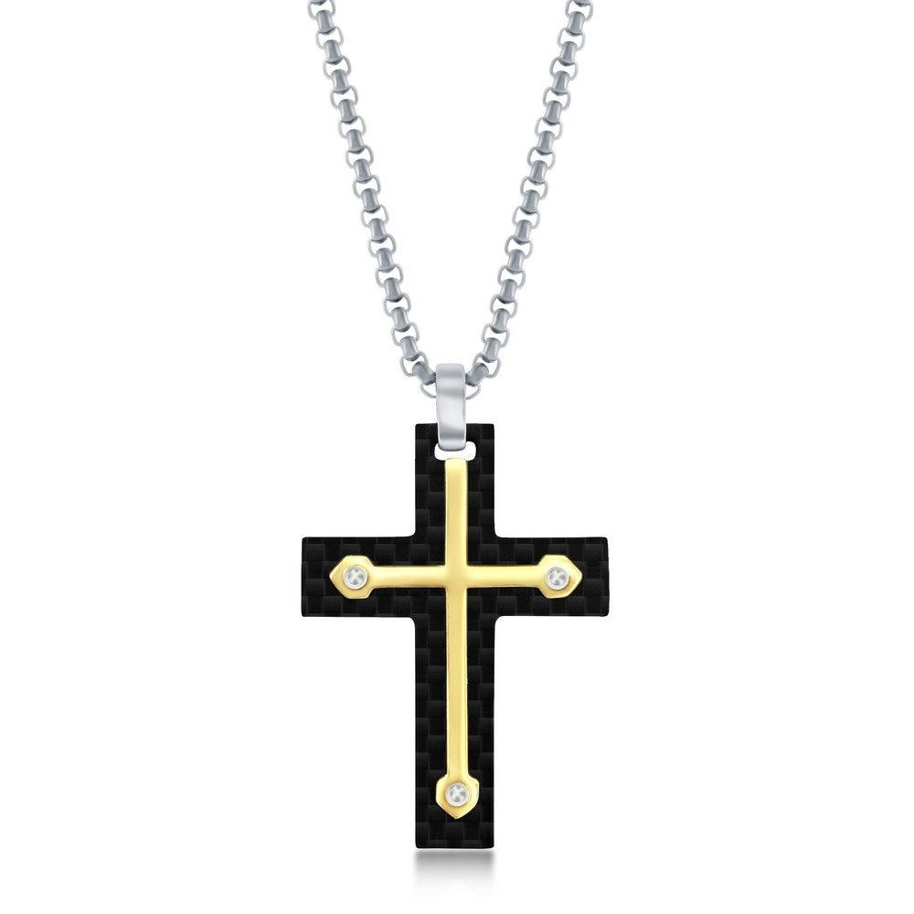 Stainless Steel Black Carbon Fiber & Gold Cross Necklace - Johnny Dang & Co
