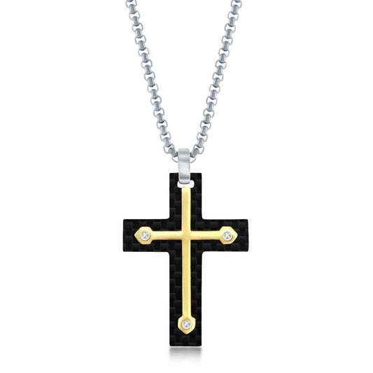 Stainless Steel Black Carbon Fiber & Gold Cross Necklace - Johnny Dang & Co