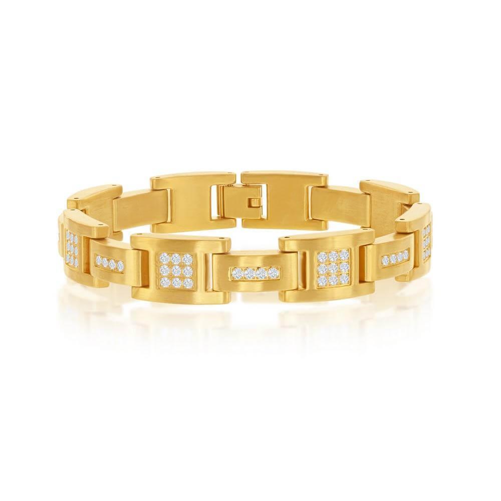 Stainless Steel Matte CZ Link Bracelet - Gold Plated - Johnny Dang & Co