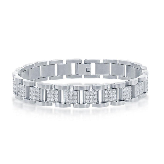 Stainless Steel CZ Square Link Mens Bracelet - Johnny Dang & Co