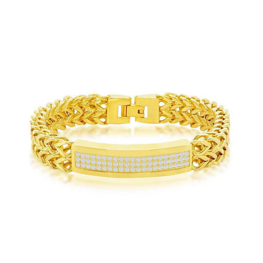 Stainless Steel Triple Row CZ ID Double Franco Bracelet - Gold Plated - Johnny Dang & Co