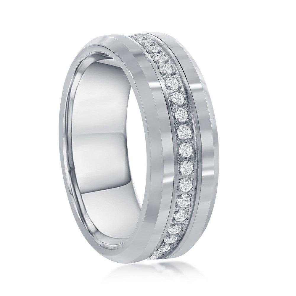 Polished Silver CZ Eternity Tungsten Band Ring - Johnny Dang & Co