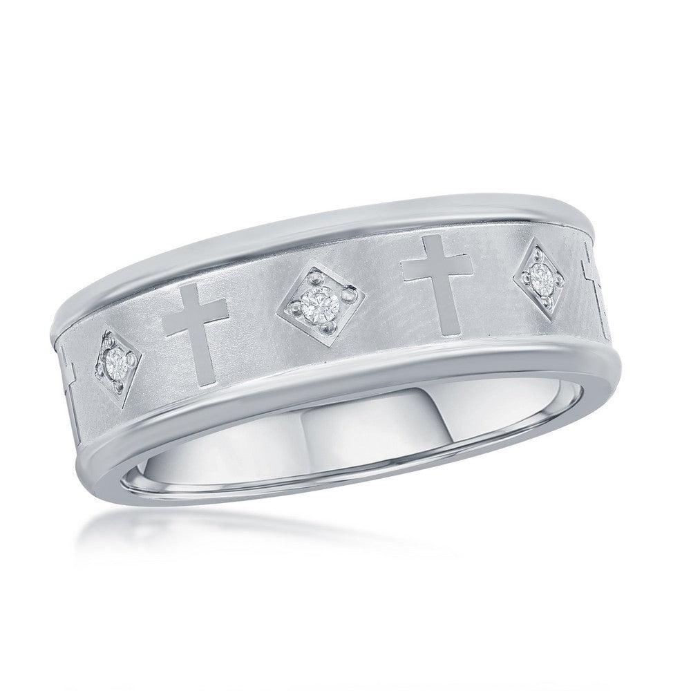 Stainless Steel Brushed & Polished CZ Cross Ring - Johnny Dang & Co