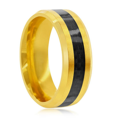 Stainless Steel Gold w/ Black Carbon Fiber Ring. Size 9,10,11,12,13 - Johnny Dang & Co