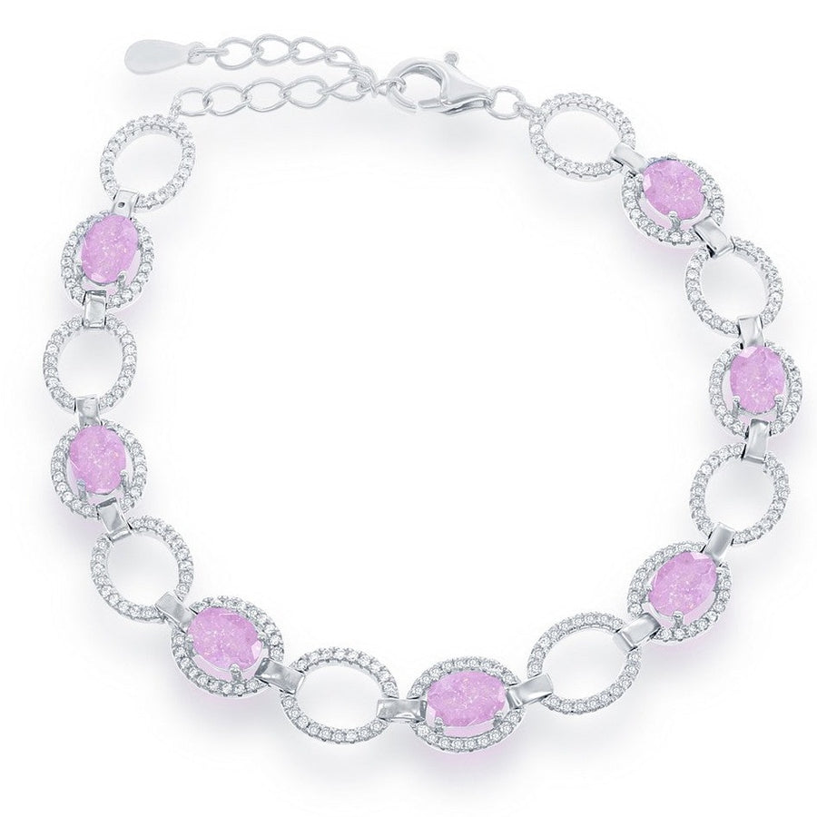 Sterling Silver  Open CZ Oval with Pink Ice Bracelet