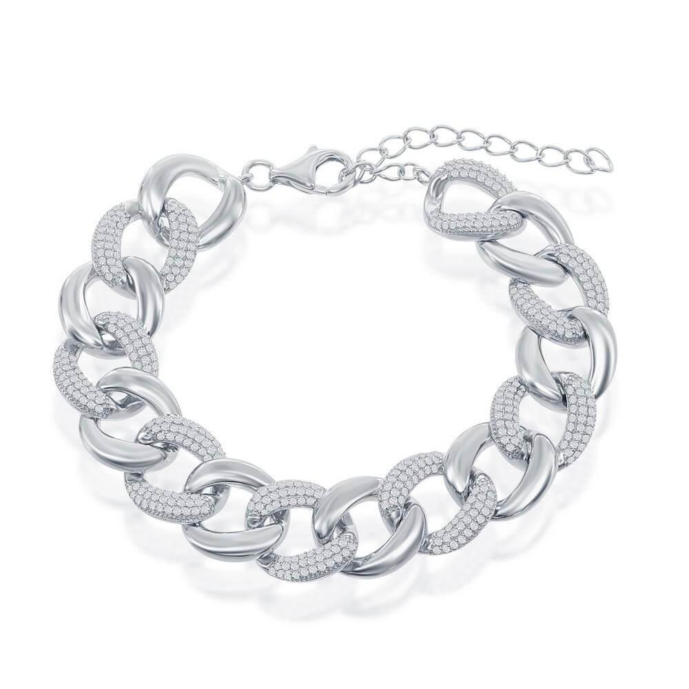 Sterling Silver Alternating Polished & Micro Pave CZ Solid Link Bracelet - Johnny Dang & Co