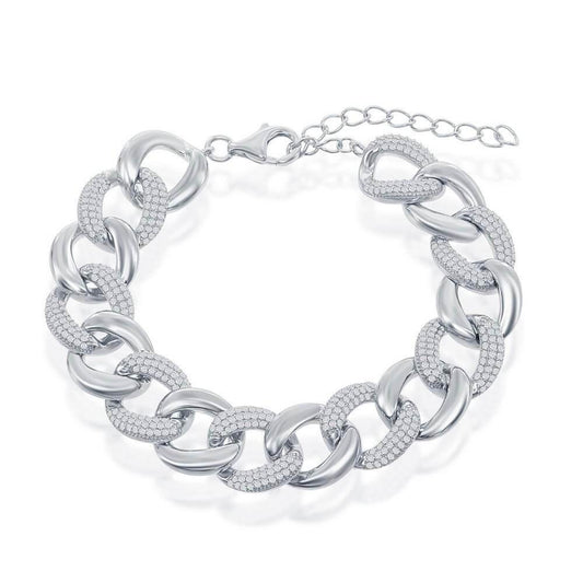Sterling Silver Alternating Polished & Micro Pave CZ Solid Link Bracelet - Johnny Dang & Co