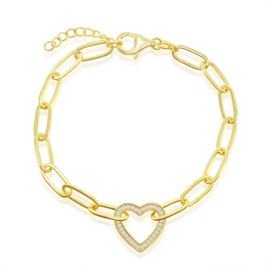 Sterling Silver CZ Heart Paperclip Bracelet - Gold Plated
