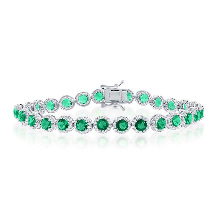 Sterling Silver Round Halo White & Emerald CZ Linked Bracelet