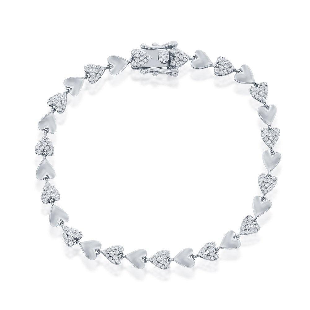 Sterling Silver Alternating Polished & Micro Pave CZ Heart Bracelet - Johnny Dang & Co