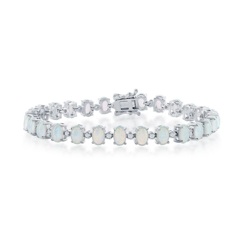 Sterling Silver Alternating Oval White Opal & Small CZ Tennis Bracelet - Johnny Dang & Co