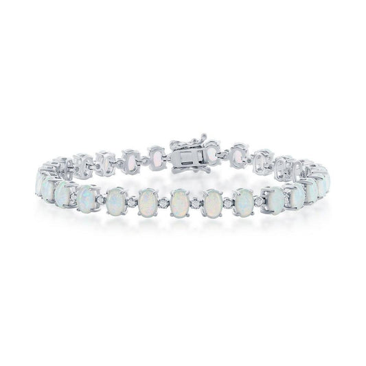 Sterling Silver Alternating Oval White Opal & Small CZ Tennis Bracelet - Johnny Dang & Co