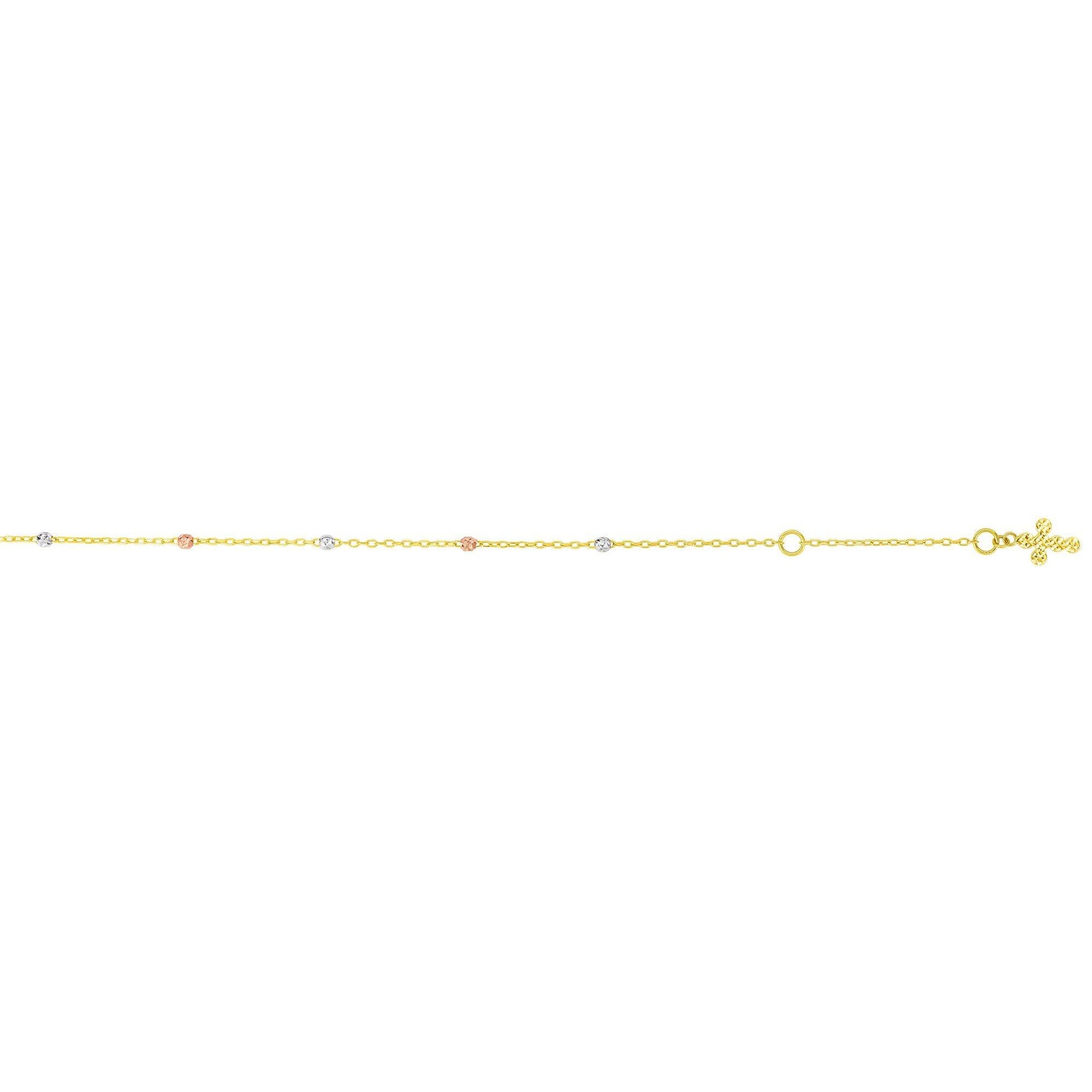 14K Tri-color Gold Diamond Cut Dangle Cross Anklet - Johnny Dang & Co
