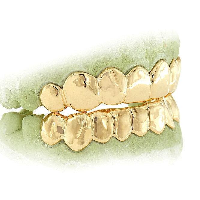 DEKYE 14k Gold Plated Diamond Cut Grillz – 6 Teeth Top + Bottom – Dental Grills, Brass Base