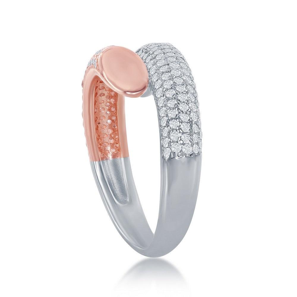 Silver Round Bottom Sterling Silver Two-Tone Rose Gold Plated Micro Pave Bottom Flat Overl ...