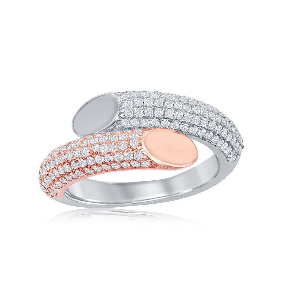 Sterling Silver Two-Tone Rose Gold Plated Micro Pave Bottom Flat Overlapping Ring - Johnny Dang & Co