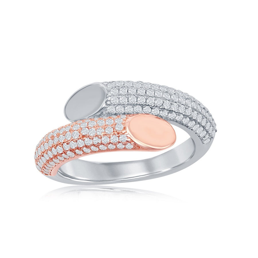 Sterling Silver Two-Tone Rose Gold Plated Micro Pave Bottom Flat Overlapping Ring