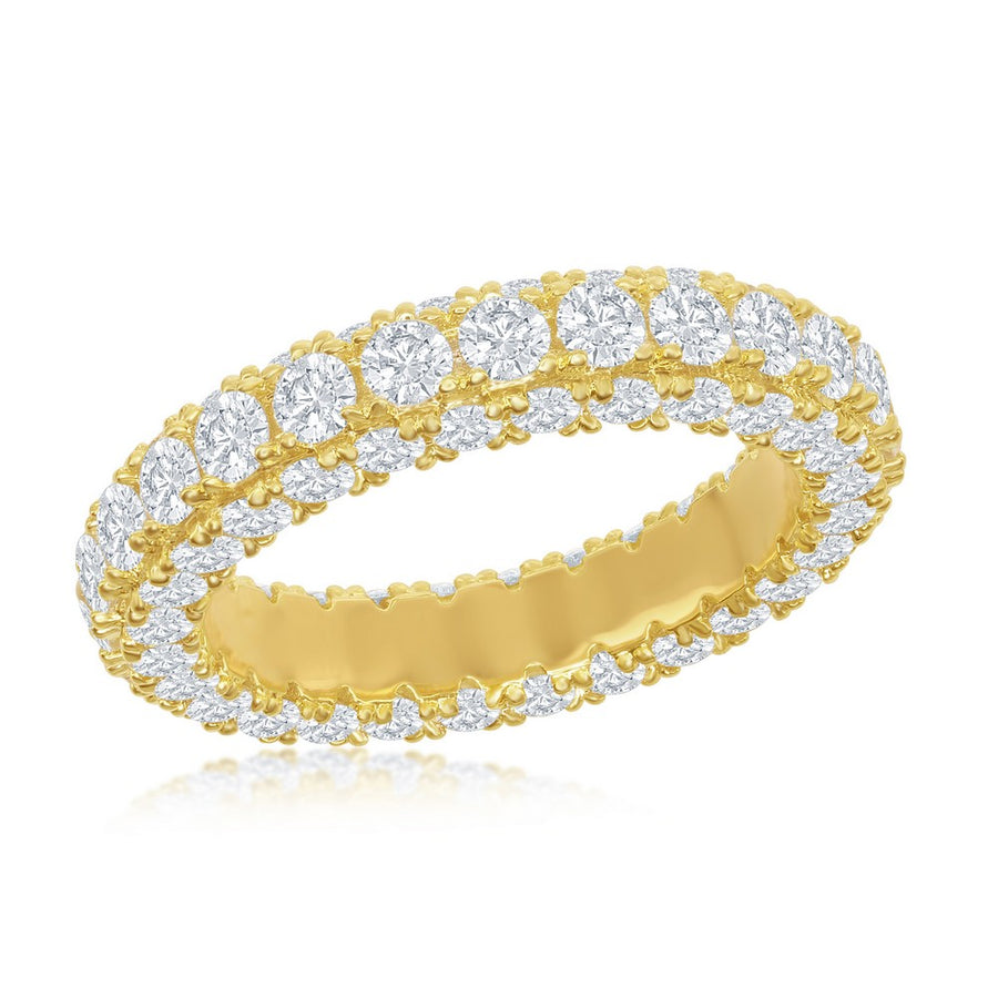 Sterling Silver, All around, Triple Row CZ, Eternity Band - Gold Plated