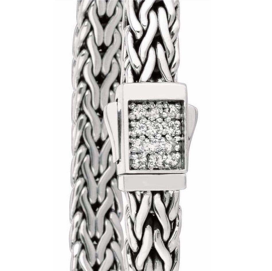 7mm Italian Sterling Silver Wide Wheat Patterned 8.25 inches Bracelet with White Sapphire Square Cluster at Clasp. Flash - Johnny Dang & Co