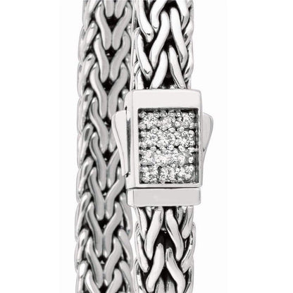 7mm Italian Sterling Silver Wide Wheat Patterned 8.25 inches Bracelet with White Sapphire Square Cluster at Clasp. Flash - Johnny Dang & Co