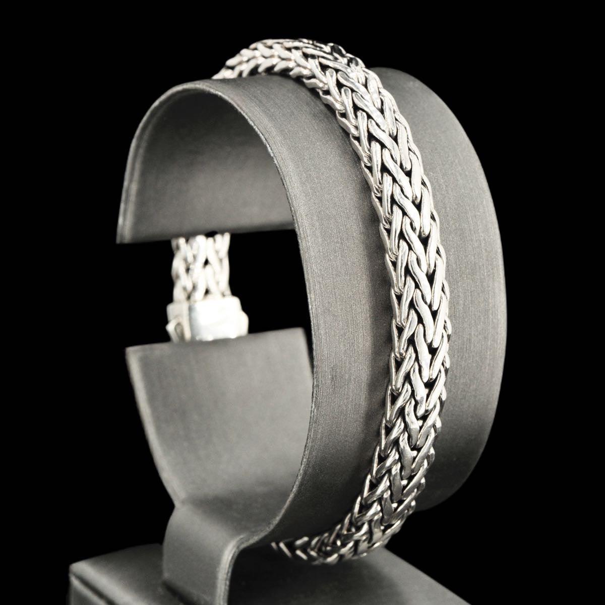 7mm Italian Sterling Silver Wide Wheat Patterned 8.25 inches Bracelet with White Sapphire Square Cluster at Clasp. Flash - Johnny Dang & Co