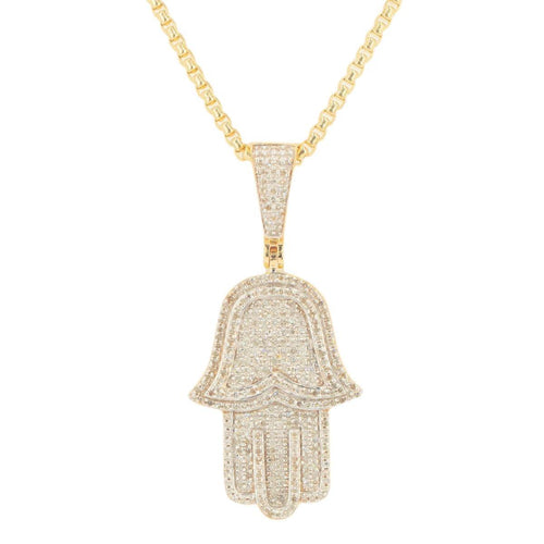 10k Yellow Gold 0.70cttw 3D Hamzah Hand Pendant and 1.5mm Venetian Box Chain Bundle 18" 20” 22” 24” - Johnny Dang & Co