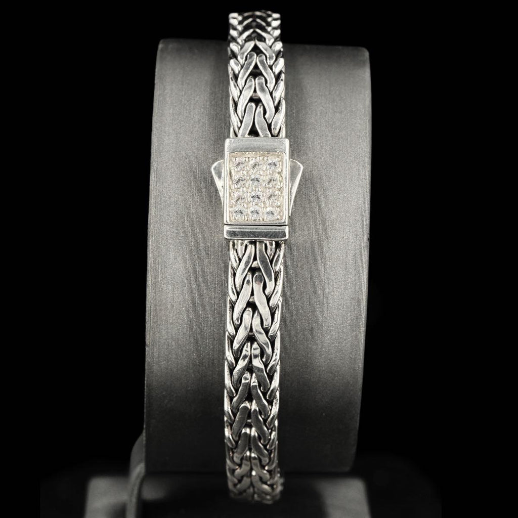 7mm Italian Sterling Silver Wide Wheat Patterned 8.25 inches Bracelet with White Sapphire Square Cluster at Clasp. Flash - Johnny Dang & Co