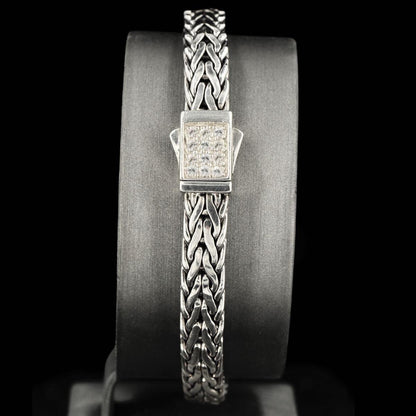 7mm Italian Sterling Silver Wide Wheat Patterned 8.25 inches Bracelet with White Sapphire Square Cluster at Clasp. Flash - Johnny Dang & Co
