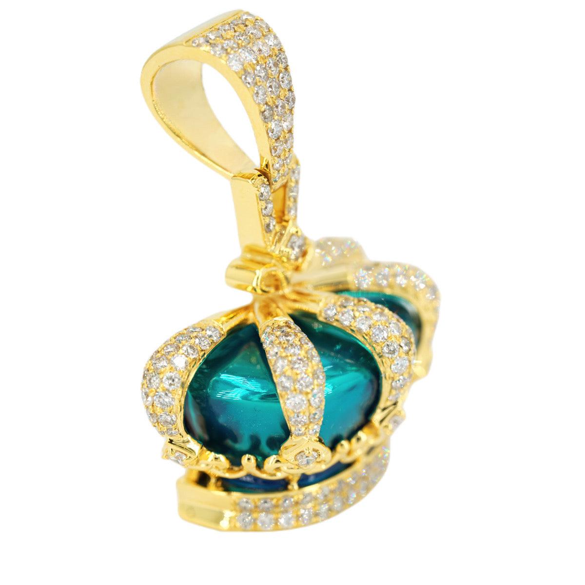 10k Large 2.85CTW Diamonds and Pearly Blue Green Enamel 3D Crown Pendant - Johnny Dang & Co
