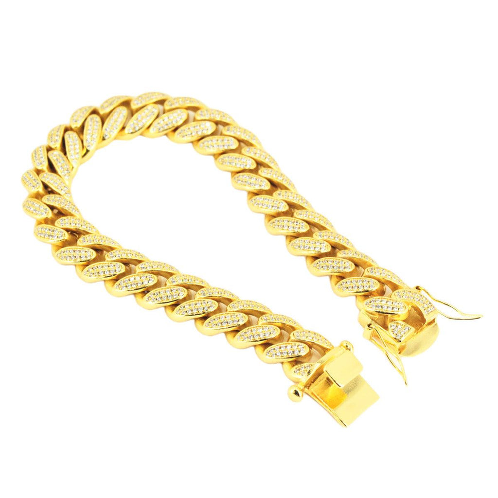 12mm Silver and CZ Solid Cuban Bracelet 8.5” - Gold Plated - Johnny Dang & Co