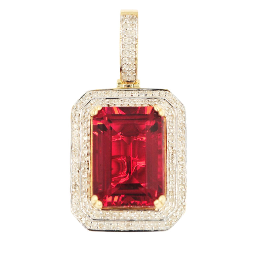 10KY 0.50CTW DIAMOND 2-ROW PENDANT WITH 7.00CT SYNTHETIC RUBY