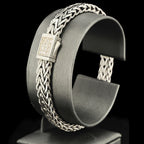 7mm Italian Sterling Silver Wide Wheat Patterned 8.25 inches Bracelet with White Sapphire Square Cluster at Clasp. Flash - Johnny Dang & Co