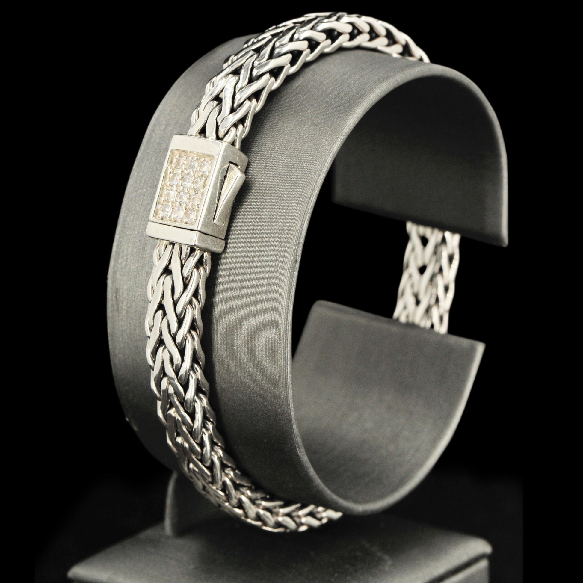 7mm Italian Sterling Silver Wide Wheat Patterned 8.25 inches Bracelet with White Sapphire Square Cluster at Clasp. Flash - Johnny Dang & Co