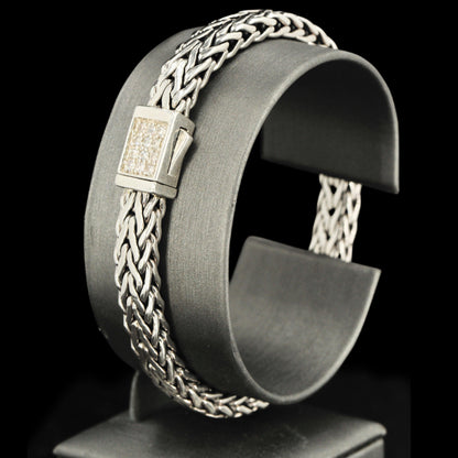 7mm Italian Sterling Silver Wide Wheat Patterned 8.25 inches Bracelet with White Sapphire Square Cluster at Clasp. Flash - Johnny Dang & Co