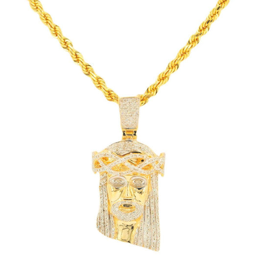 10k Yellow Gold 0.50cttw Jesus Head Pendant and 3mm Solid Rope Chain Bundle 16" 18" 20” 22” 24” - Johnny Dang & Co