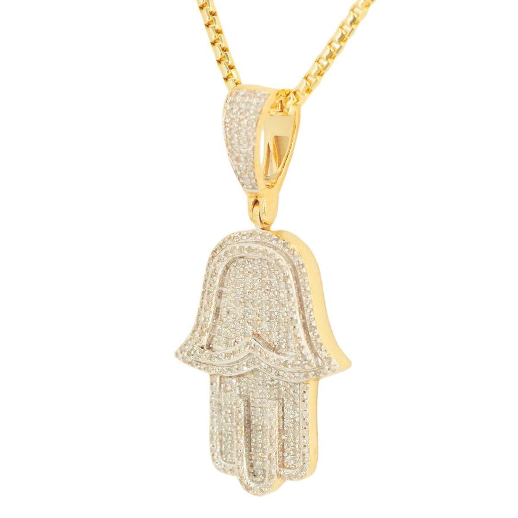 10k Yellow Gold 0.70cttw 3D Hamzah Hand Pendant and 1.5mm Venetian Box Chain Bundle 18" 20” 22” 24” - Johnny Dang & Co