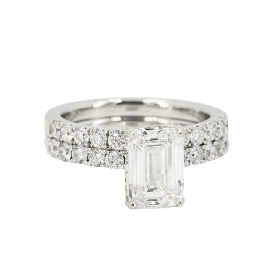 Custom 2 Carat VVS Emerald Cut Engagement Ring and Wedding Band 18k Gold Set