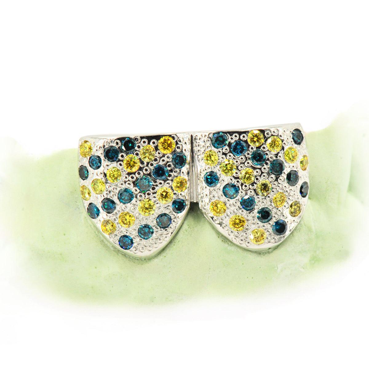 2 Top or 2 Bottom Blue and Yellow Diamond Grillz [S7035] - Johnny Dang & Co