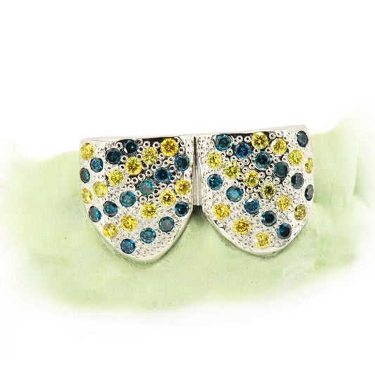 2 Top or 2 Bottom Blue and Yellow Diamond Grillz [S7035] - Johnny Dang & Co