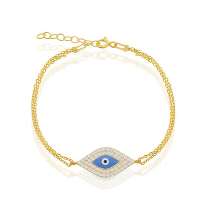 Sterling Silver Double-Strand With Center CZ and Evil Eye Bracelet - Gold Plated - Johnny Dang & Co