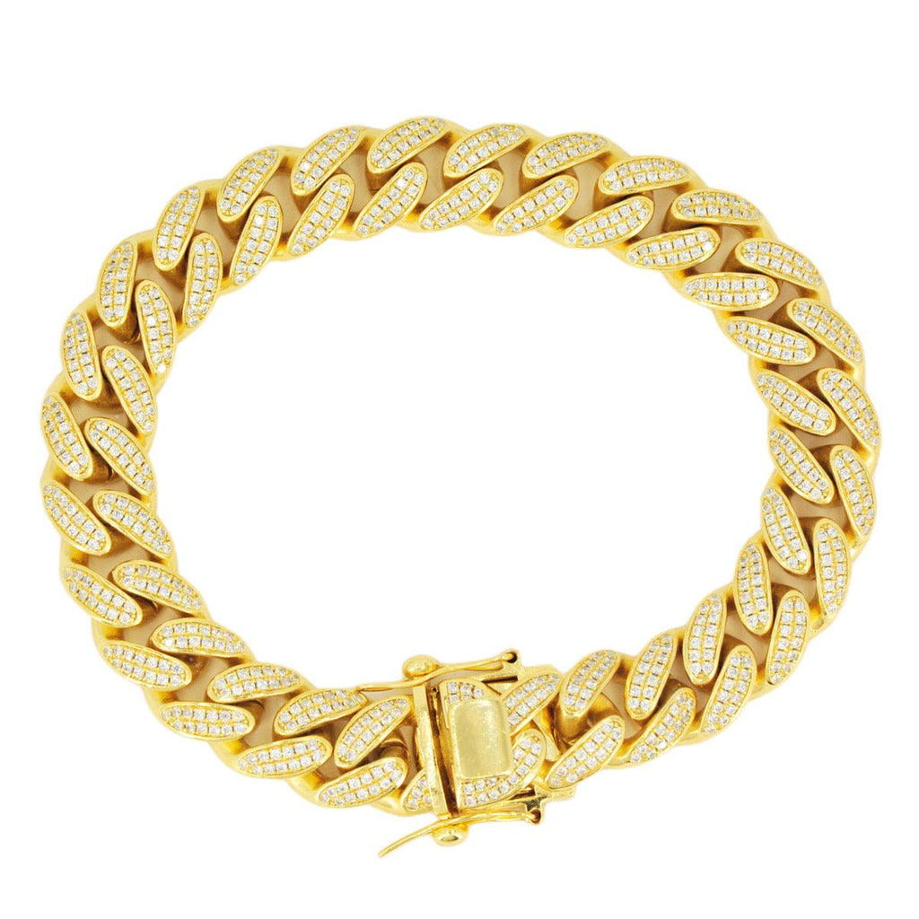 12mm Silver and CZ Solid Cuban Bracelet 8.5” - Gold Plated - Johnny Dang & Co
