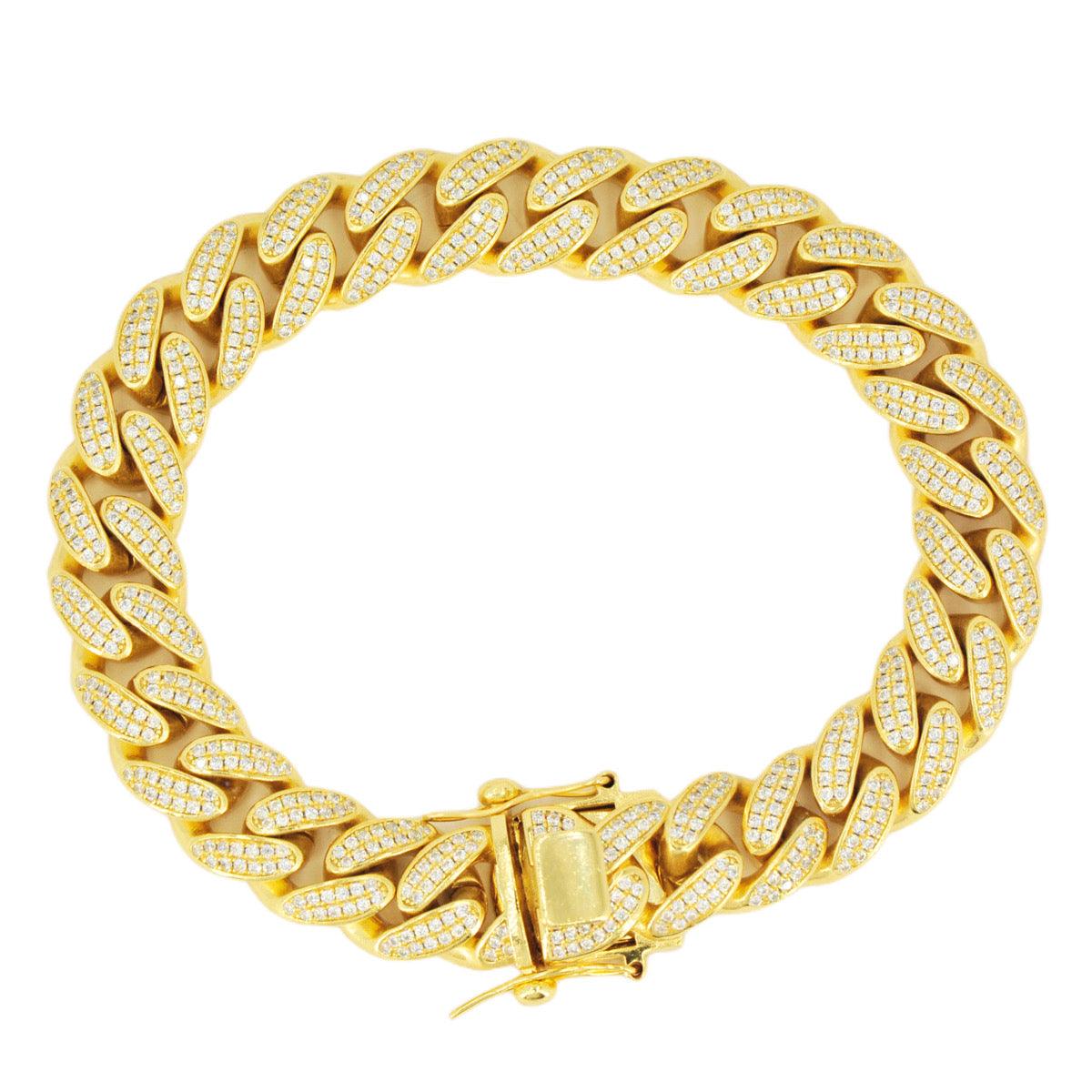 12mm Silver and CZ Solid Cuban Bracelet 8.5” - Gold Plated - Johnny Dang & Co