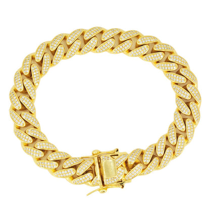 12mm Silver and CZ Solid Cuban Bracelet 8.5” - Gold Plated - Johnny Dang & Co