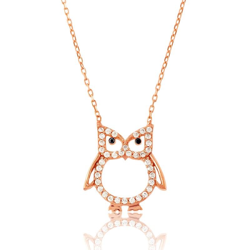 Sterling Silver Rose GP CZ Open Owl Necklace - Johnny Dang & Co